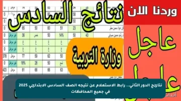 نتائج الدور الثاني.. رابط الاستعلام عن نتيجة الصف السادس الابتدائي 2025 في جميع المحافظات